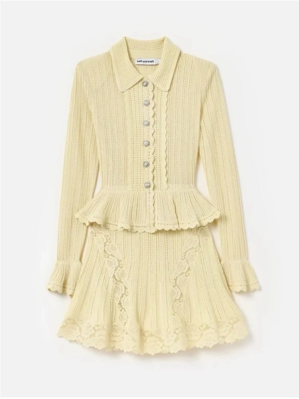Authentic NWT Self-Portrait Yellow Pointelle Knit Peplum cardigan